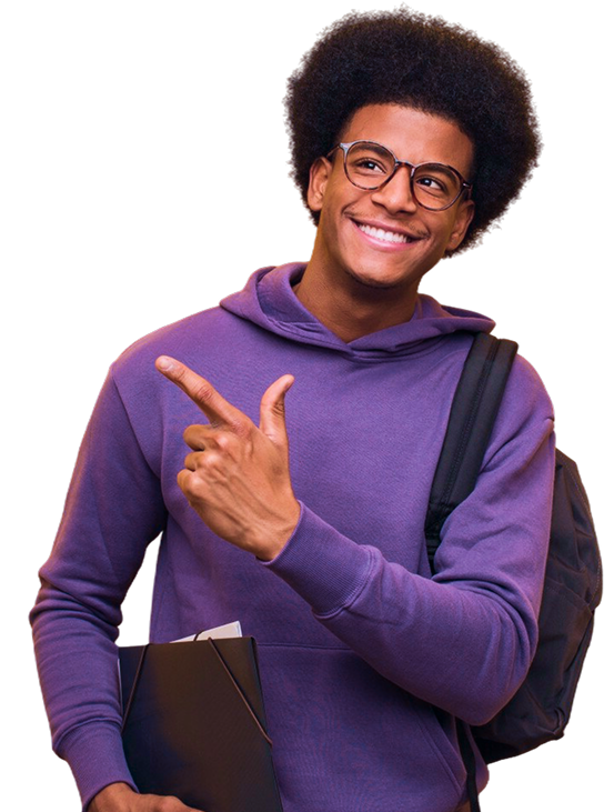 Estudante apontando com o dedo indicador da mão esquerda para as vantagens de escolher Meu Profe